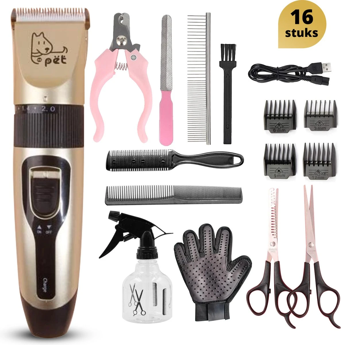 BeautyFit - 16-delig Hondentondeuse Set - Professionele Honden Trimset - Dieren Tondeuse Voor Dikke Vacht - Meest Complete Set - Inclusief 4 Opzetkammen - Hondenschaar - Mist Verstuiver - Handschoen Borstel - Nagelknipper 3 BeautyFit - 16-delig Hondentondeuse Set - Professionele Honden Trimset - Dieren Tondeuse Voor Dikke Vacht - Meest Complete Set - Inclusief 4 Opzetkammen - Hondenschaar - Mist Verstuiver - Handschoen Borstel - Nagelknipper