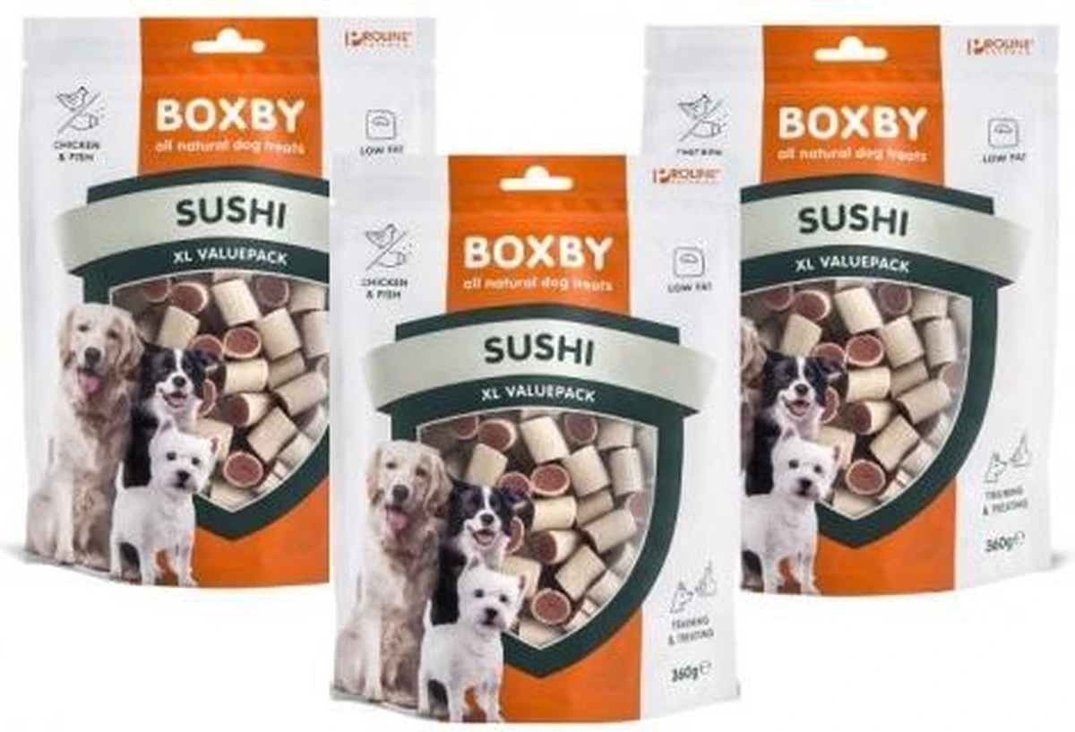 Boxby Voordeelpakket Sushi XL - 360 Gr - 3 Zakken - Hondensnack 3 Boxby Voordeelpakket Sushi XL - 360 Gr - 3 Zakken - Hondensnack
